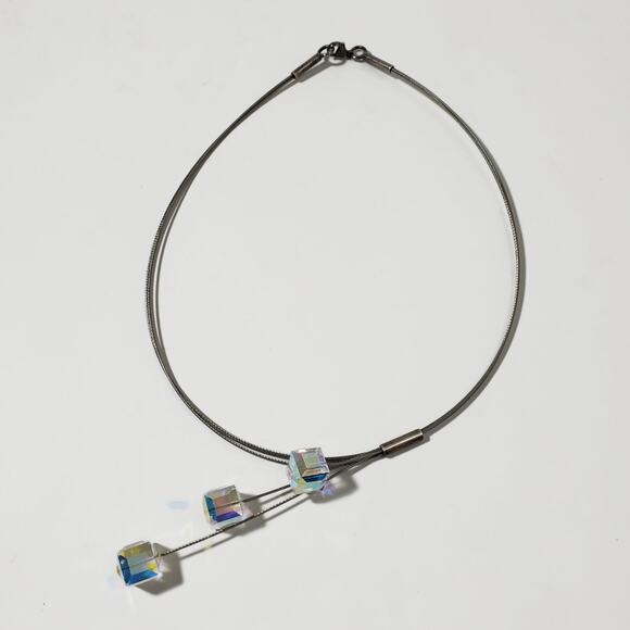 Aurora Borealis Cube Bead Floating Cable Necklace Sterling Silver Clasp - Picture 1 of 7